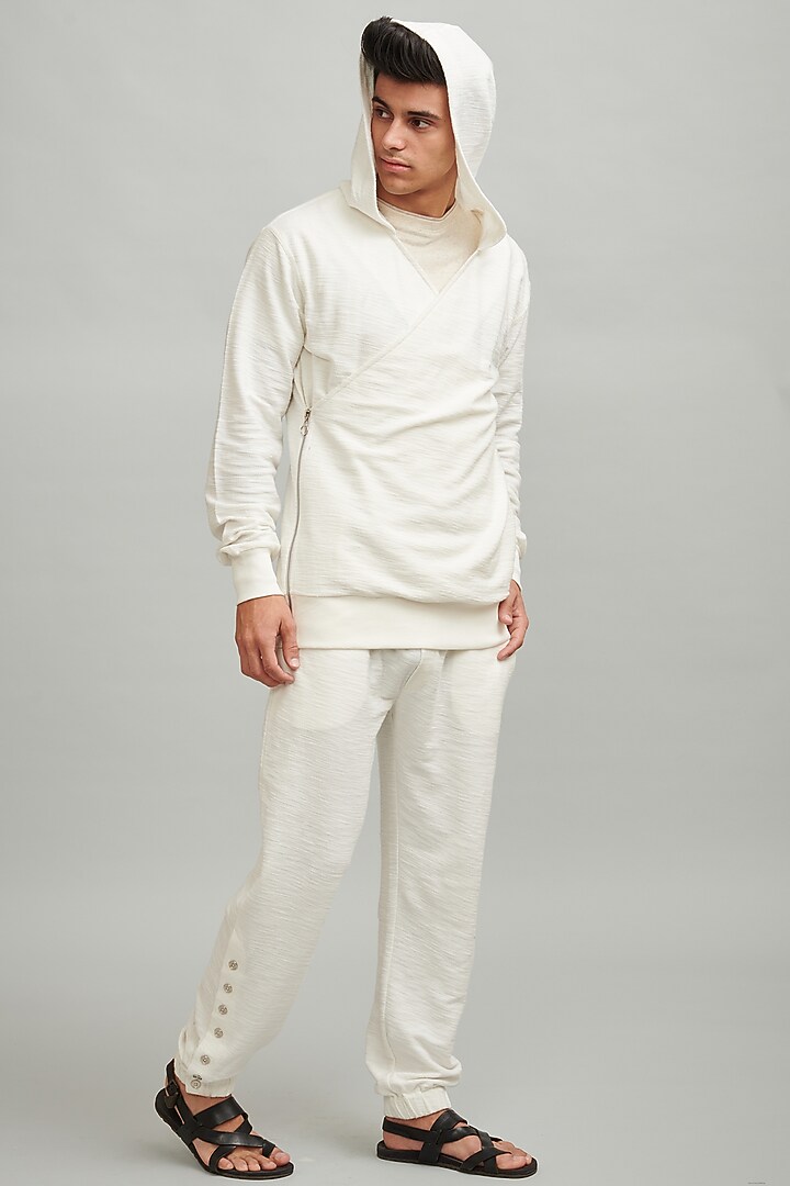 White Overlapped Textured Hoodie by Dash and Dot Men at Pernia's Pop Up Shop