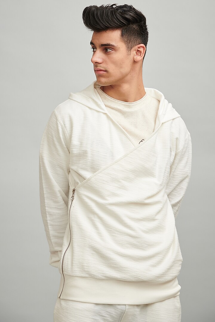 White Overlapped Textured Hoodie by Dash and Dot Men at Pernia's Pop Up Shop