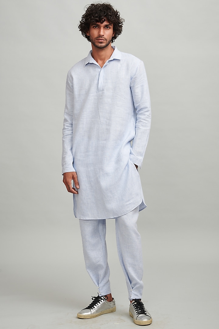 Blue Linen Striped Elasticated Pant Set by Dash and Dot Men