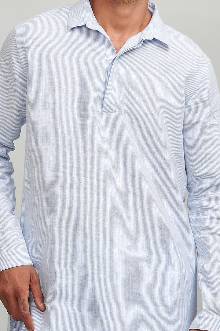 Blue Linen Striped Elasticated Pant Set by Dash and Dot Men at Pernia's Pop Up Shop