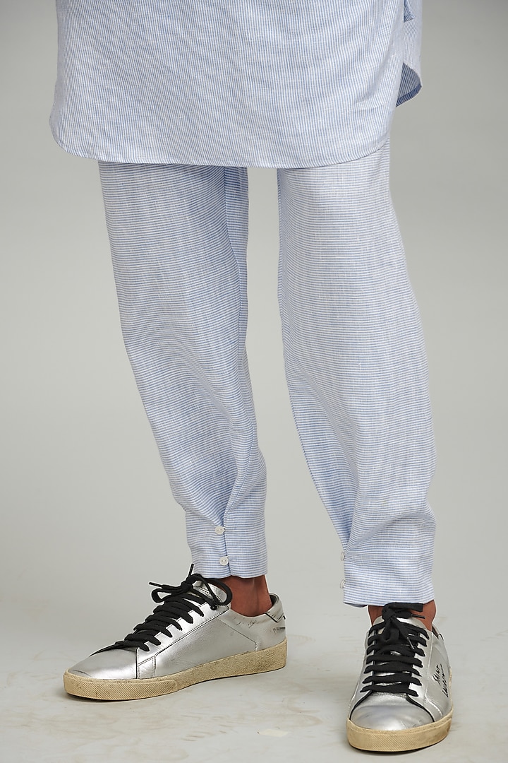 Blue Linen Striped Elasticated Pant Set by Dash and Dot Men at Pernia's Pop Up Shop