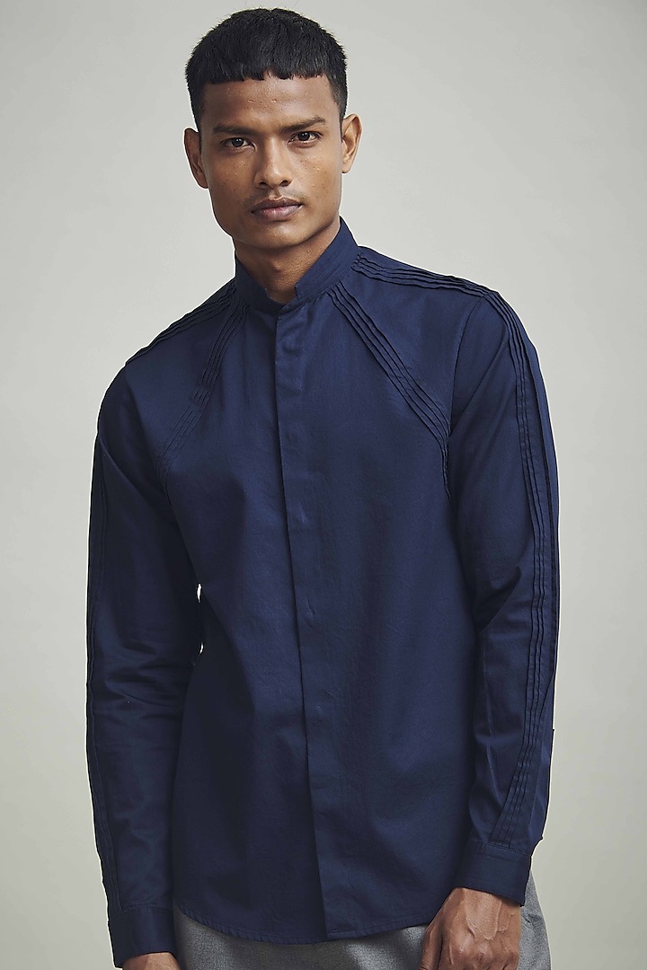 Navy Blue Cotton Poplin Pleated Shirt by Dash and Dot Men