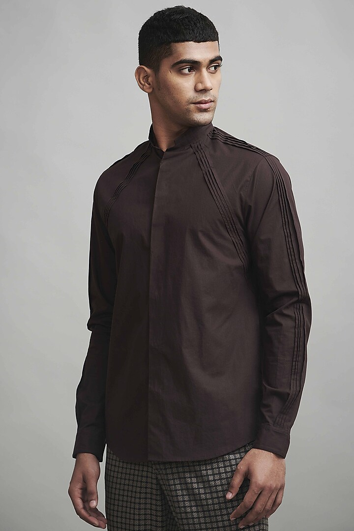 Chocolate Brown Cotton Poplin Knife-Pleated Shirt by Dash and Dot Men