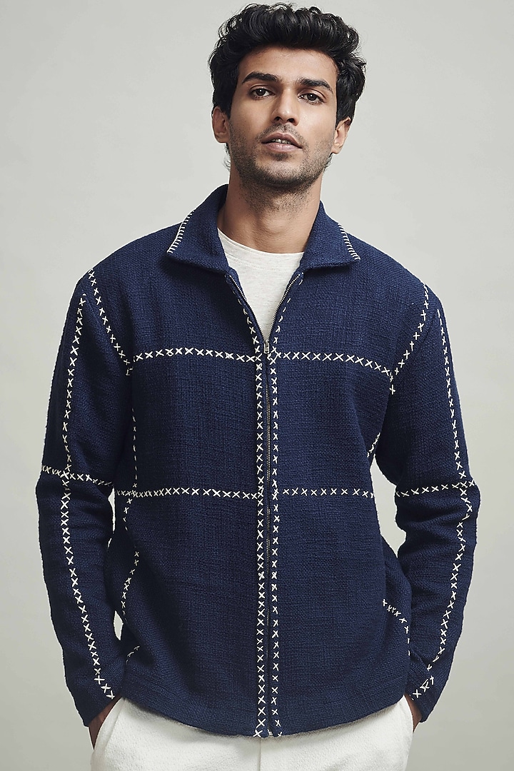 Blue Jacket With Cross-Stitched Detailing by Dash and Dot Men