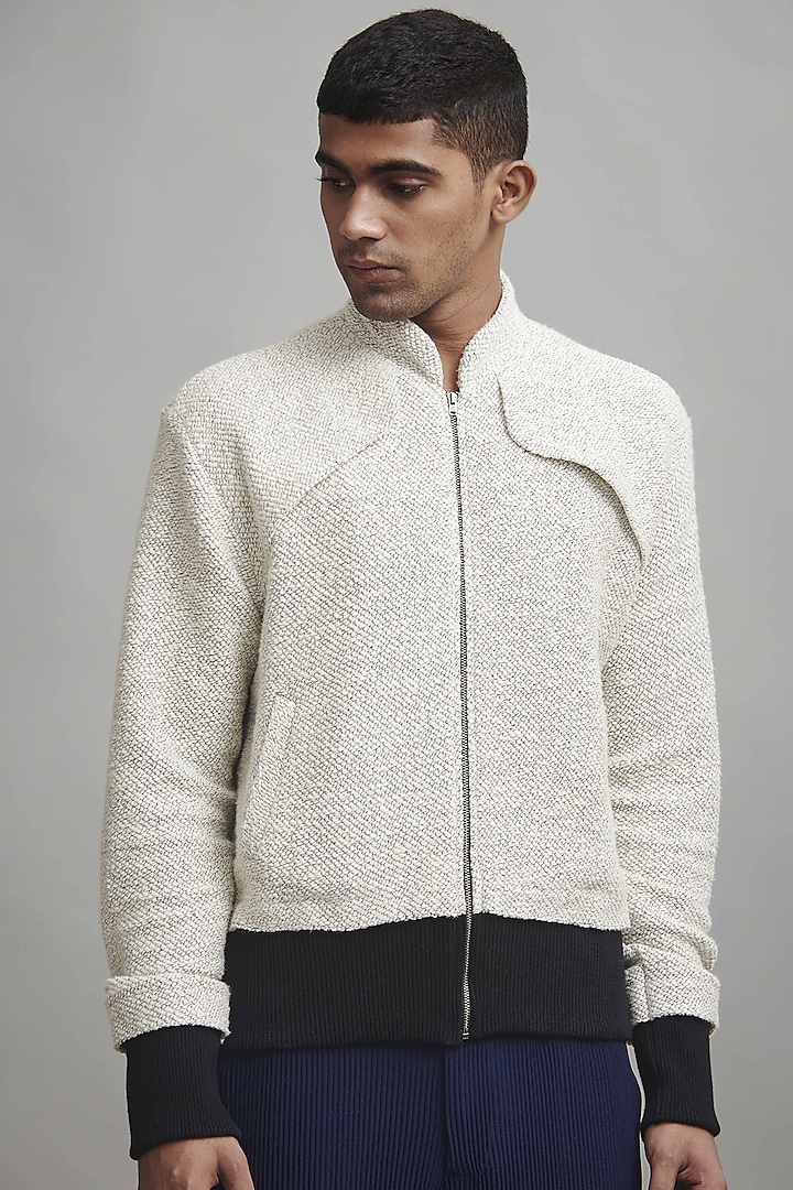 Off-White Cotton Polyester Jacket by Dash and Dot Men
