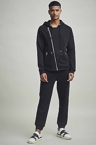Black Cotton Polyester Hoodie by Dash and Dot Men