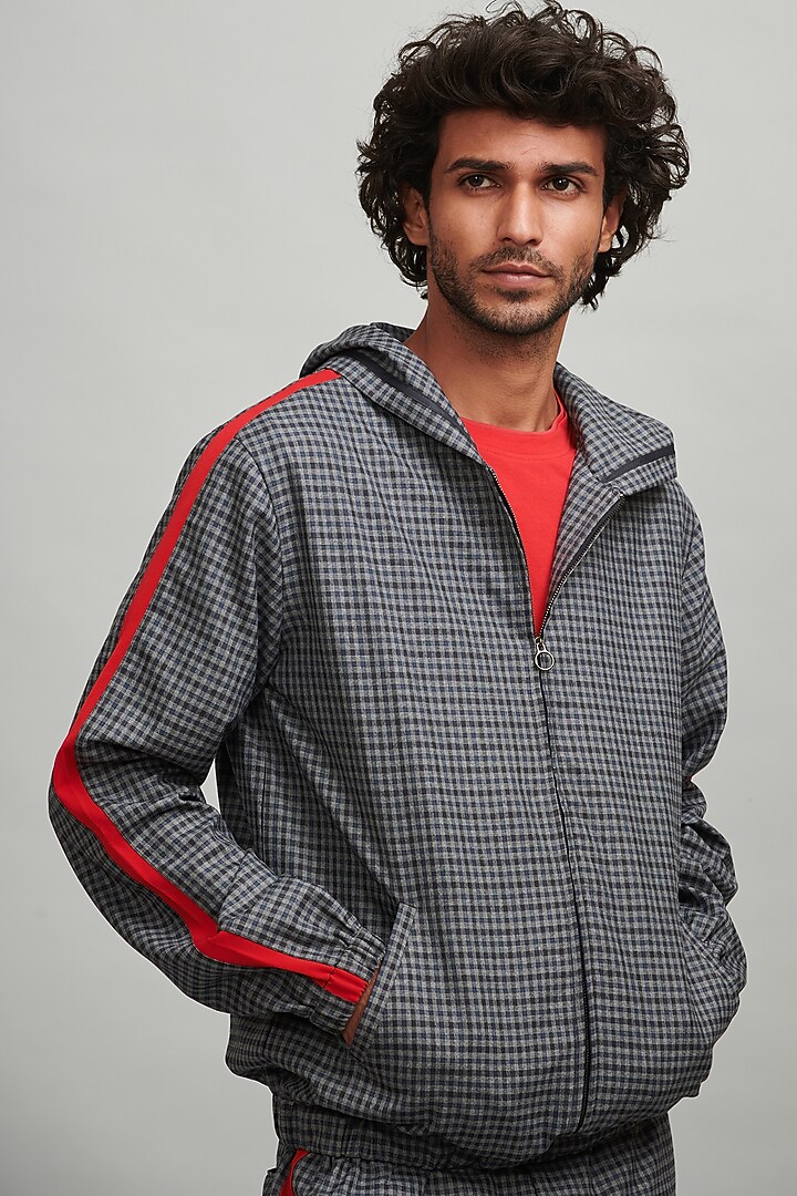 Grey Polyester Checkered Hoodie by Dash and Dot Men at Pernia's Pop Up Shop