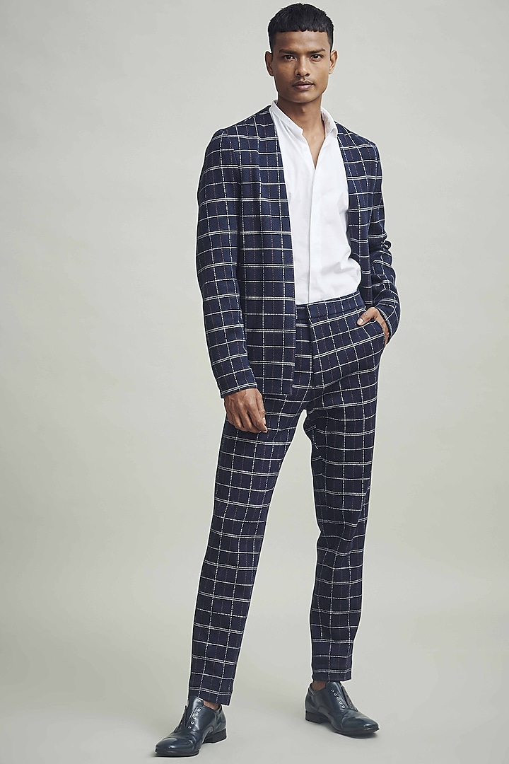 Navy Blue Checkered Stretch-Knitted Pants by Dash and Dot Men