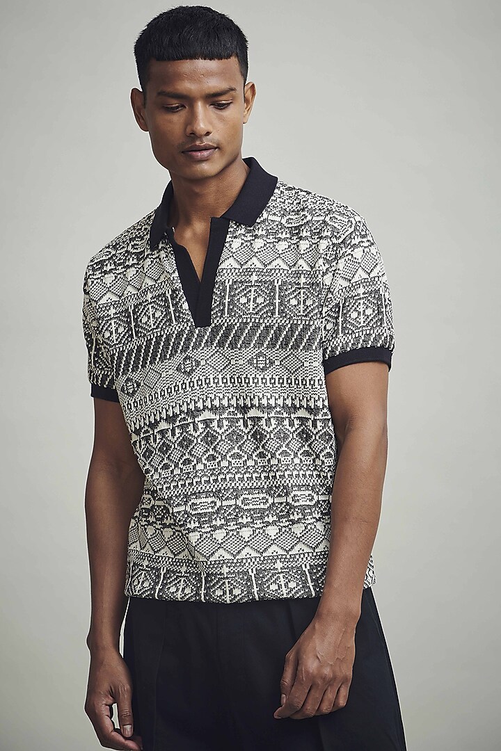 Grey Jacquard-Knitted Polo T-Shirt by Dash and Dot Men at Pernia's Pop Up Shop