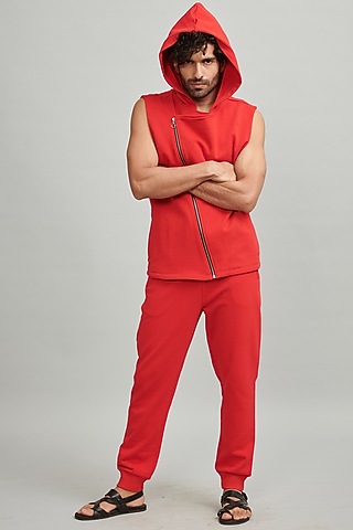 Red Cotton & Polyester Hoodie by Dash and Dot Men