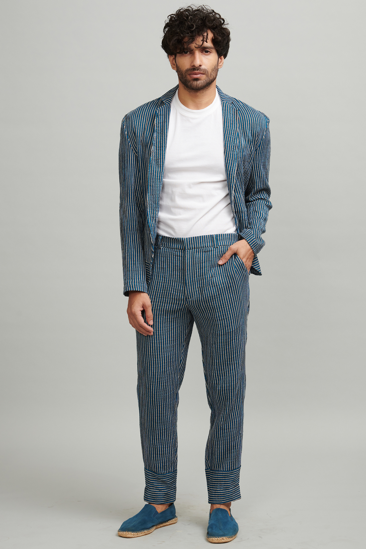 White & Blue Striped Suit by Dash and Dot Men