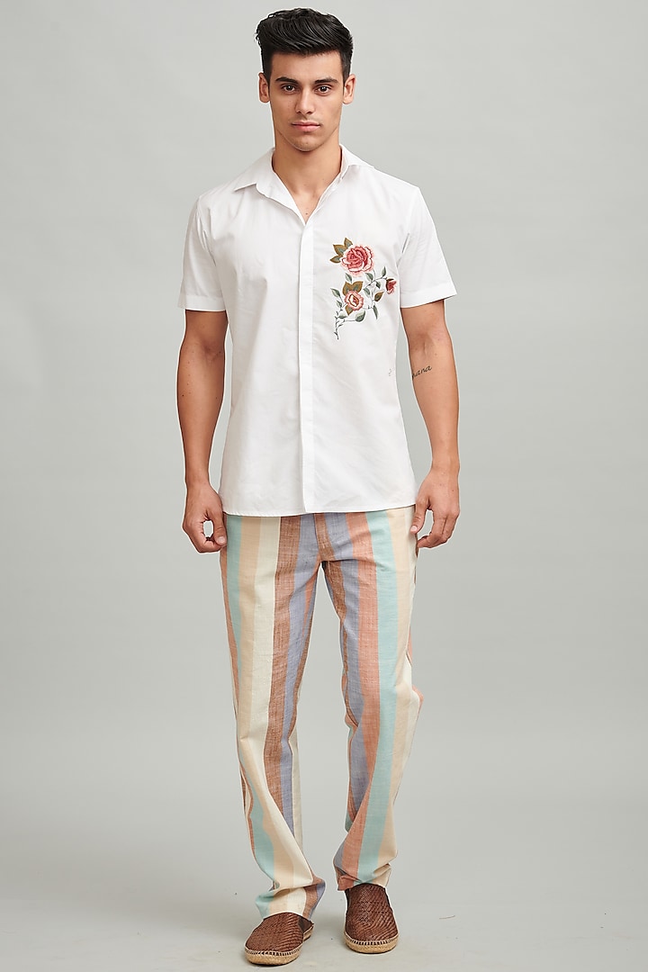 White Floral Embroidered Shirt by Dash and Dot Men