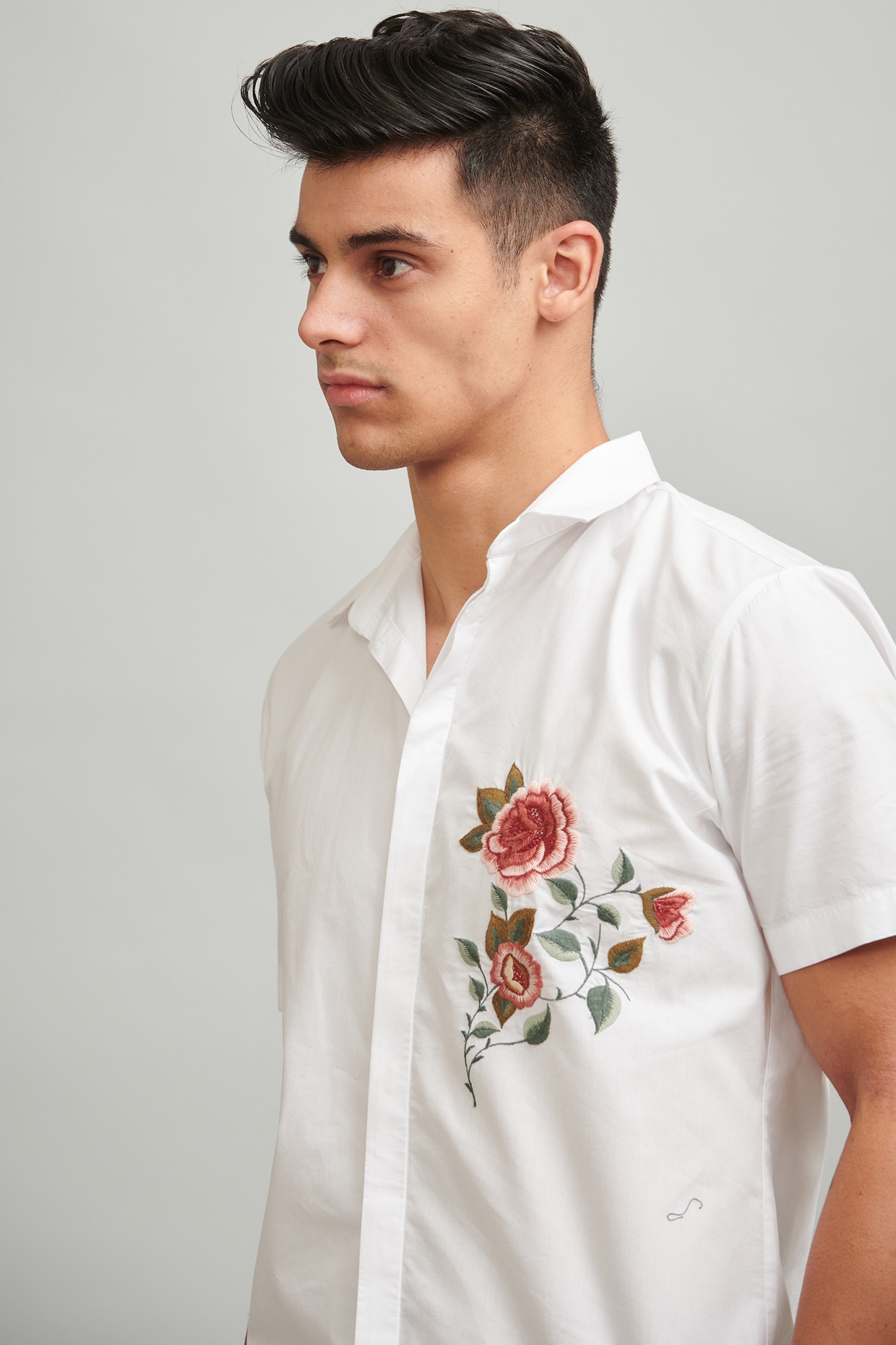 White Floral Embroidered Shirt Design by Dash and Dot Men at