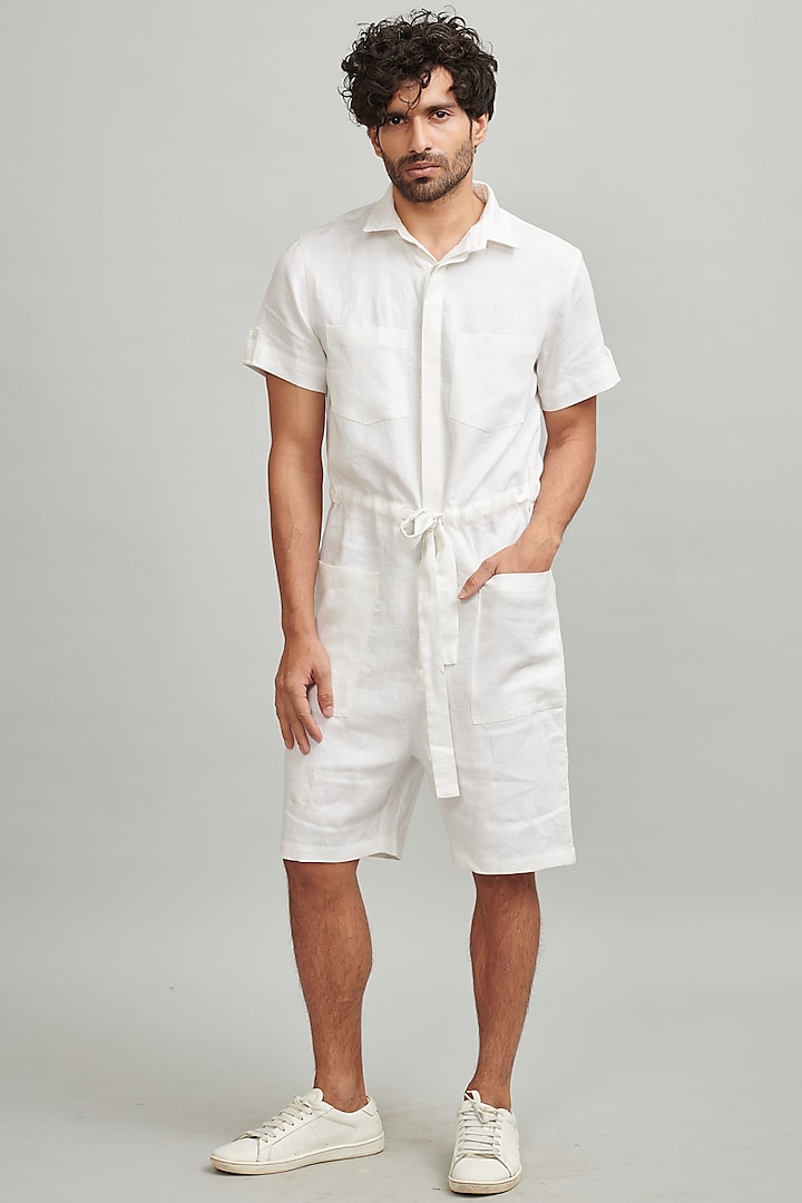 White Linen Button-Down Playsuit by Dash and Dot Men