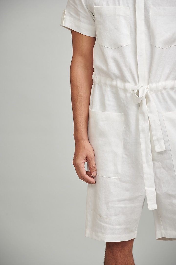 White Linen Button-Down Playsuit by Dash and Dot Men at Pernia's