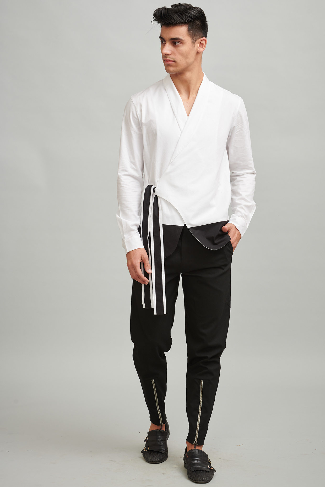 Black & White Cotton Poplin Wrap Shirt by Dash and Dot Men