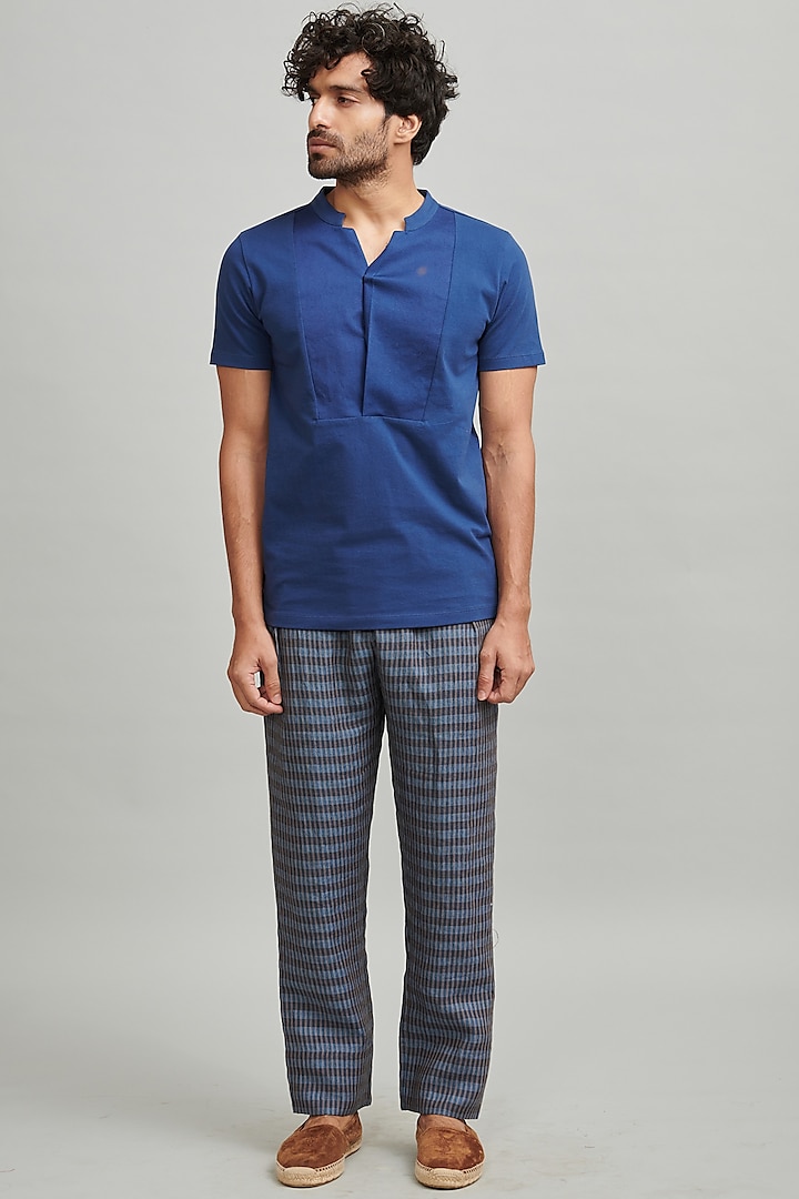 Blue & Grey Checkered Pleated Pants by Dash and Dot Men