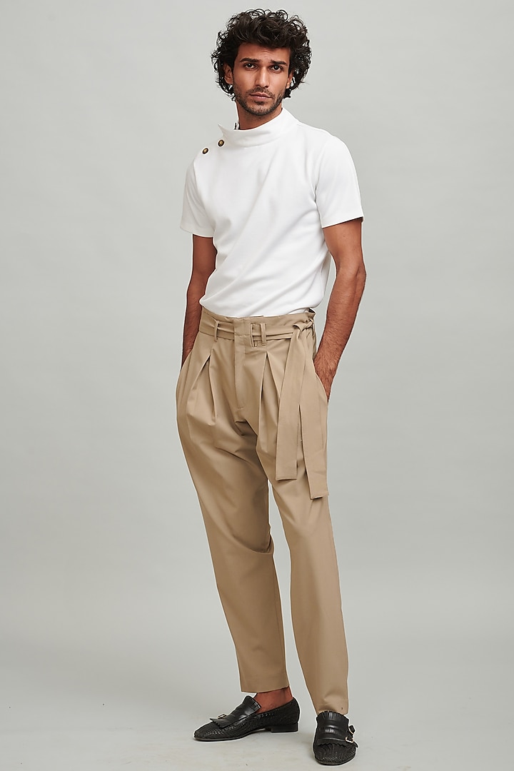 Beige Straight Legged Pleated Pants by Dash and Dot Men