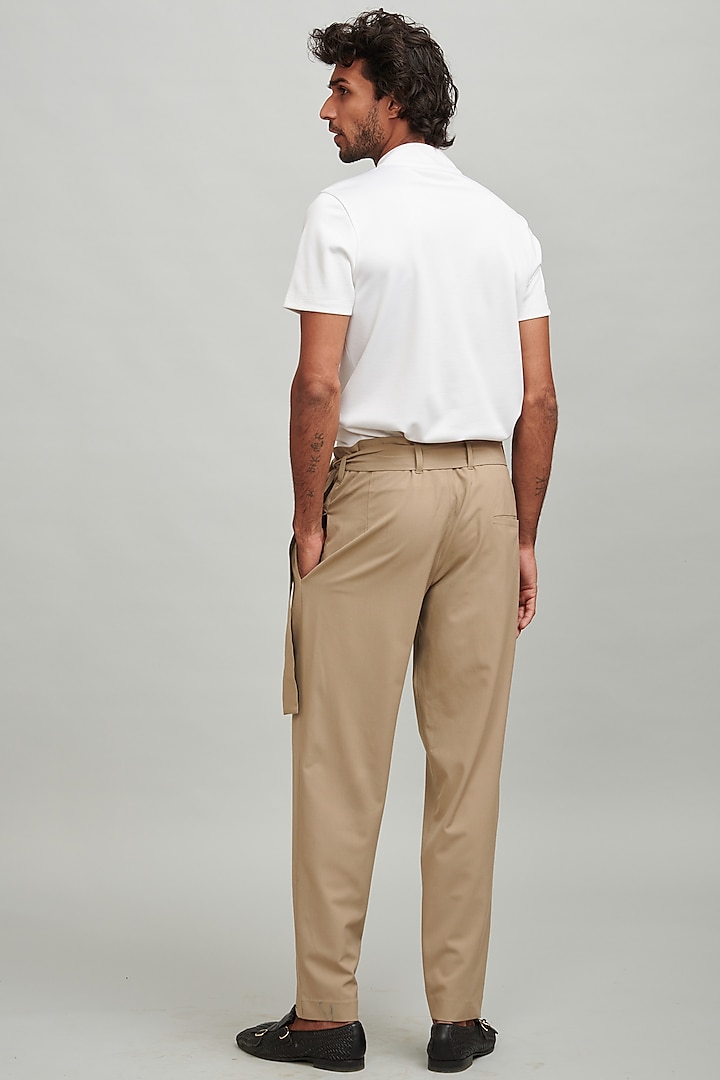 Beige Straight Legged Pleated Pants Design by Dash and Dot Men at