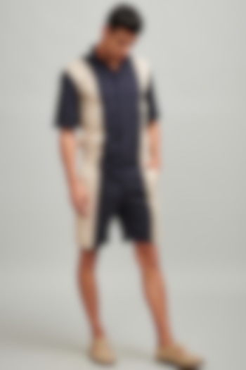 Navy Blue & Beige Color-Blocked Summer Shirt by Dash and Dot Men at Pernia's Pop Up Shop