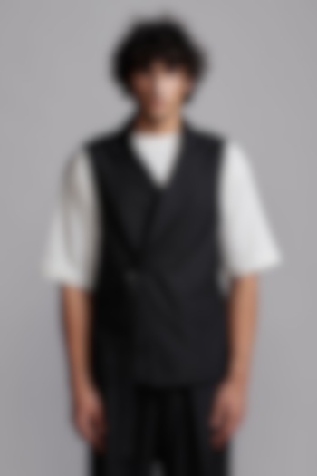 Black Polyester & Viscose Double-Breasted Overlap Waistcoat by Dash and Dot Men