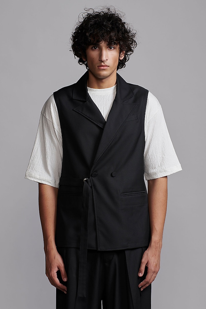 Black Polyester & Viscose Double-Breasted Overlap Waistcoat by Dash and Dot Men