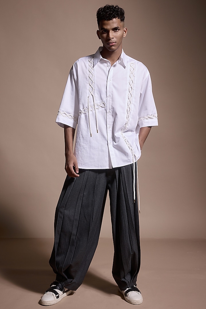 Grey Polyester & Viscose Pleated Down Pants by Dash and Dot Men