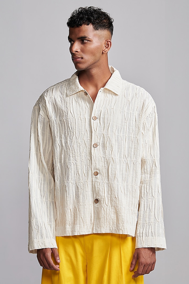 Off-White Cotton Pintuck Shirt by Dash and Dot Men