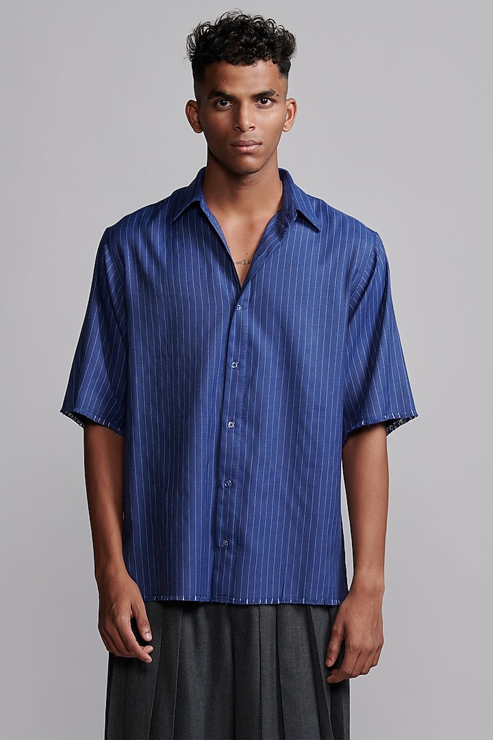 Navy Blue Cotton Pinstripe Shirt by Dash and Dot Men