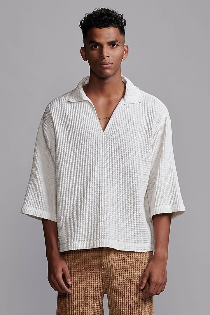 Off-White Textured Cotton Oversized Popover T-Shirt by Dash and Dot Men