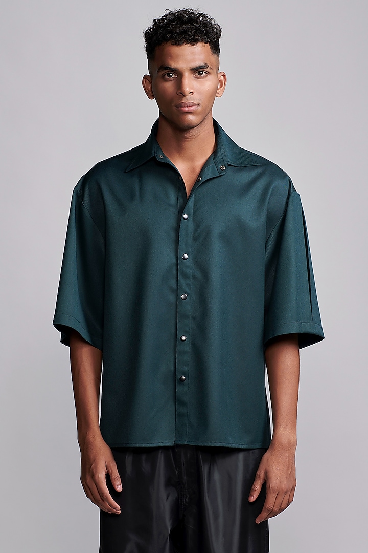 Forest Green Polyester & Viscose Box Pleated Shirt by Dash and Dot Men at Pernia's Pop Up Shop