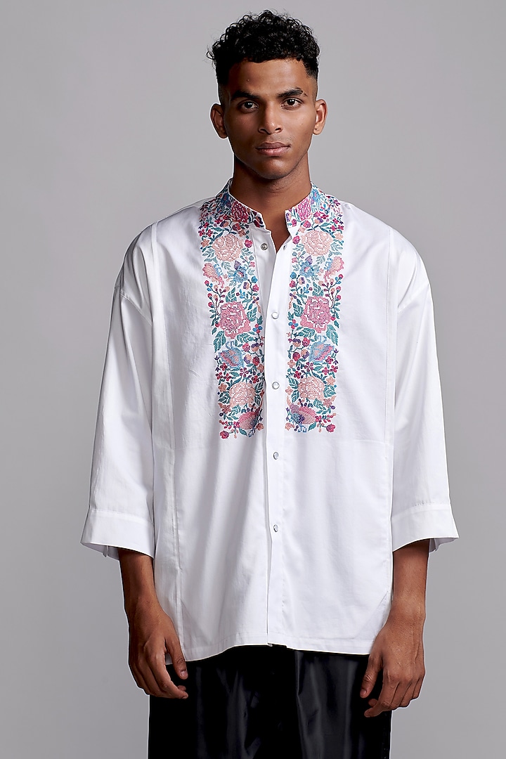 White Organic Cotton Poplin Embroidered Shirt by Dash and Dot Men at Pernia's Pop Up Shop