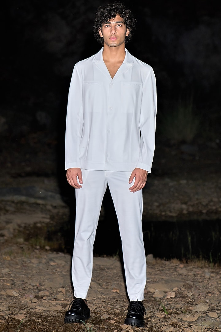 White Polyester Viscose Blazer Set by Dash and Dot Men