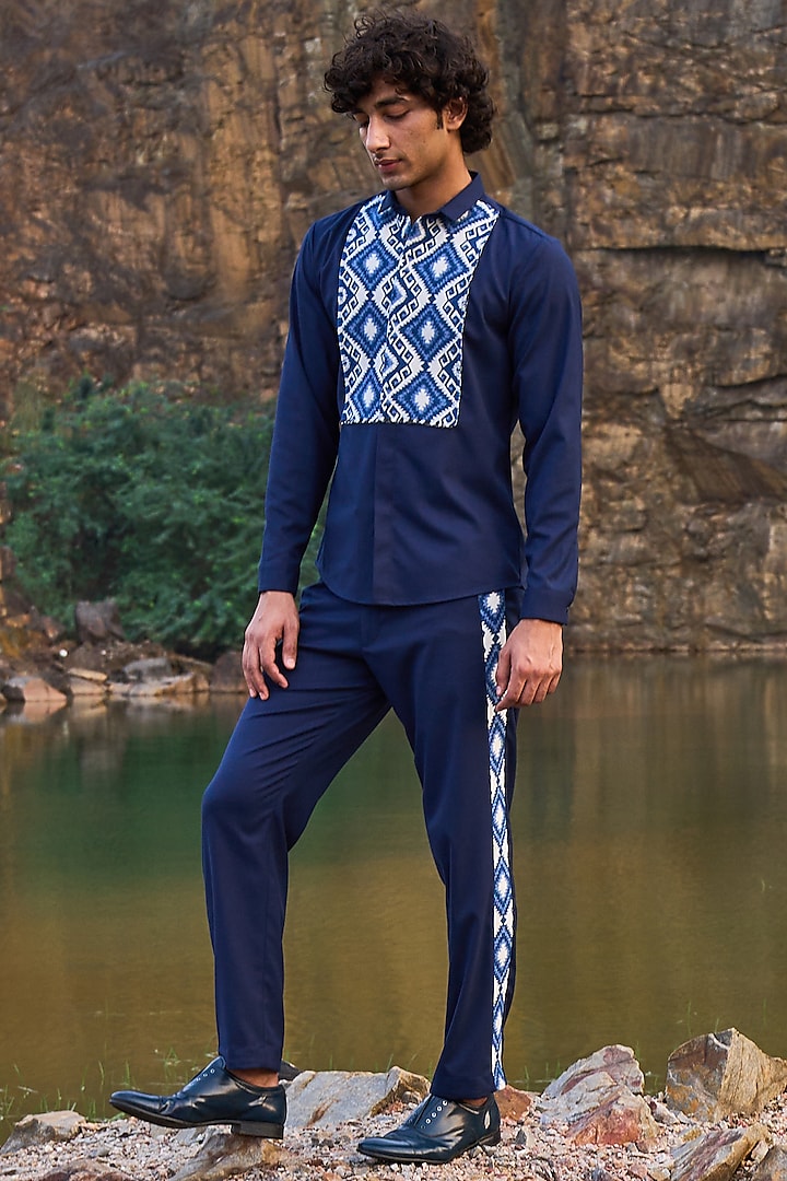 Navy Blue Polyester Viscose Pants by Dash and Dot Men