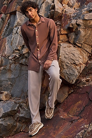 Brown Polyester Co-Ord Set by Dash and Dot Men
