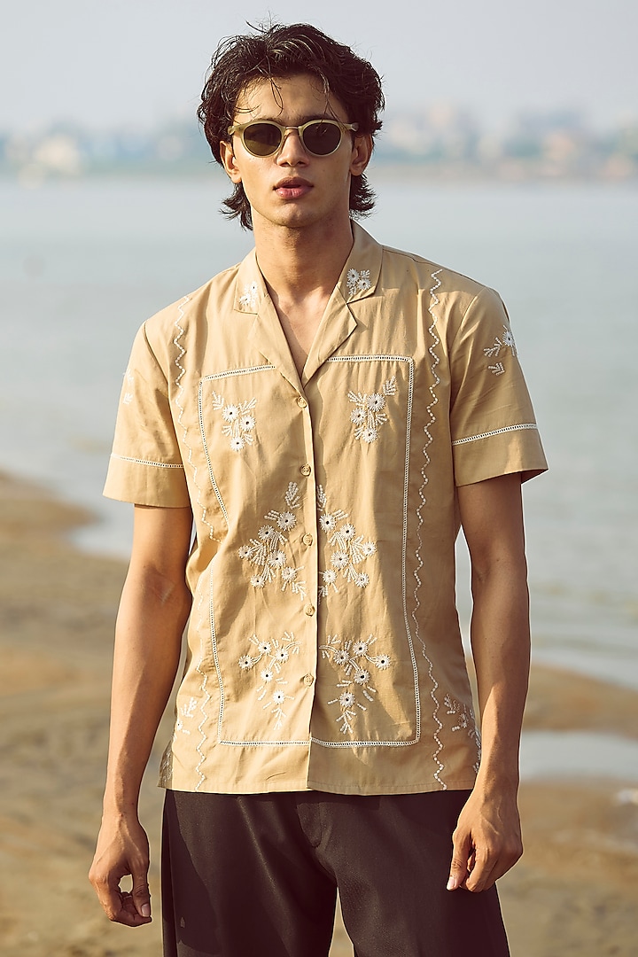 Light Beige Cotton Poplin Floral Embroidered Shirt by Dash and Dot Men