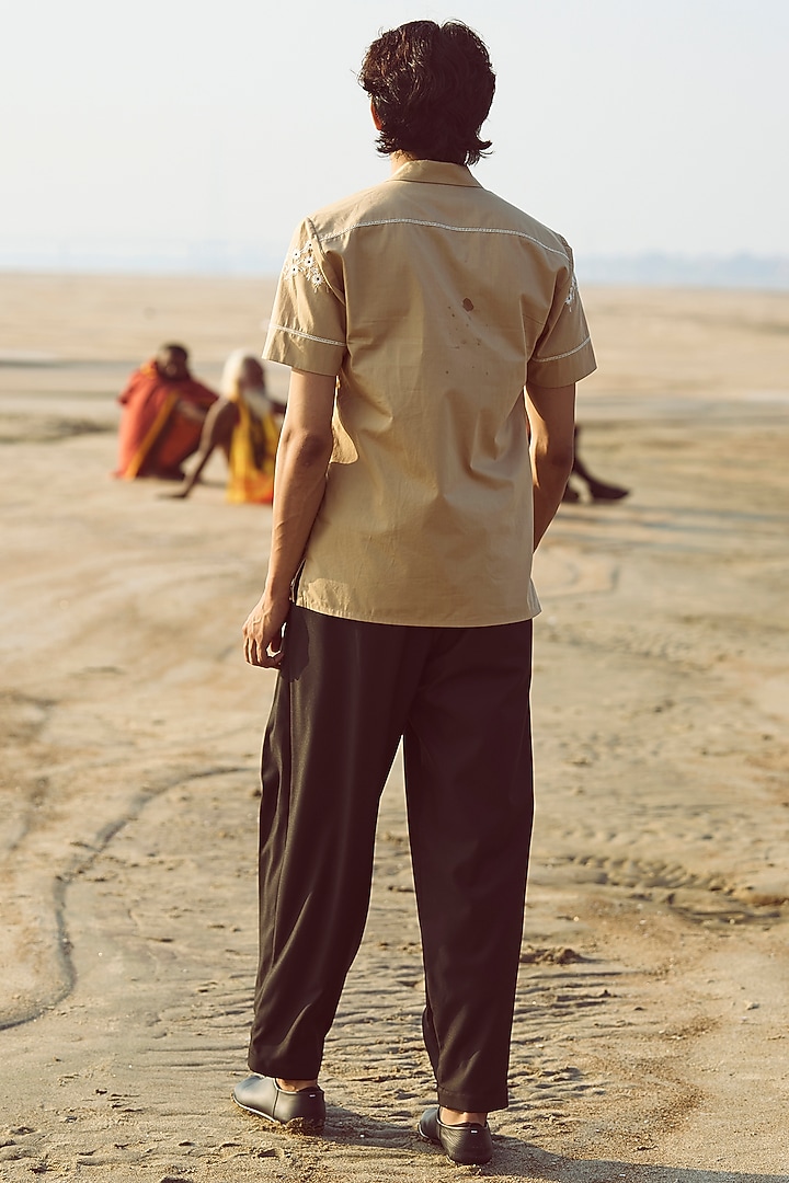 Light Beige Cotton Poplin Floral Embroidered Summer Shirt by Dash and Dot Men at Pernia's Pop Up Shop