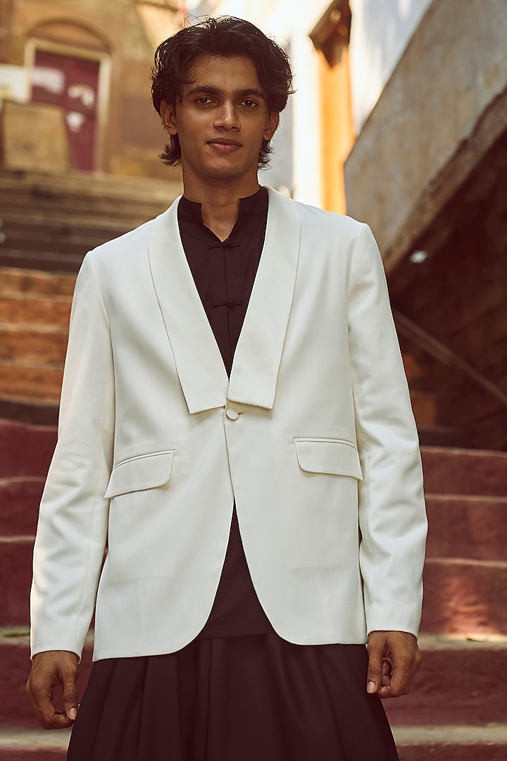 White Polyester & Viscose Tuxedo Jacket by Dash and Dot Men