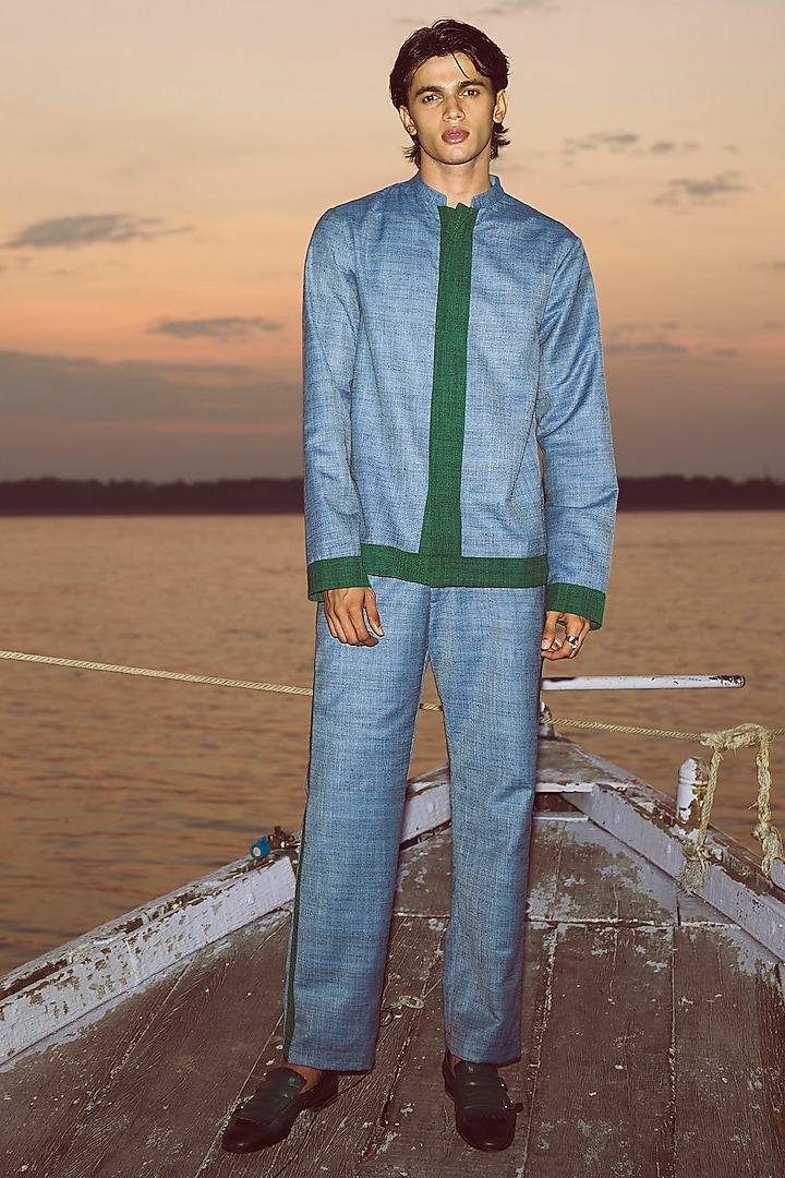 Blue & Green Textured Slub Summer Shirt by Dash and Dot Men at Pernia's Pop Up Shop