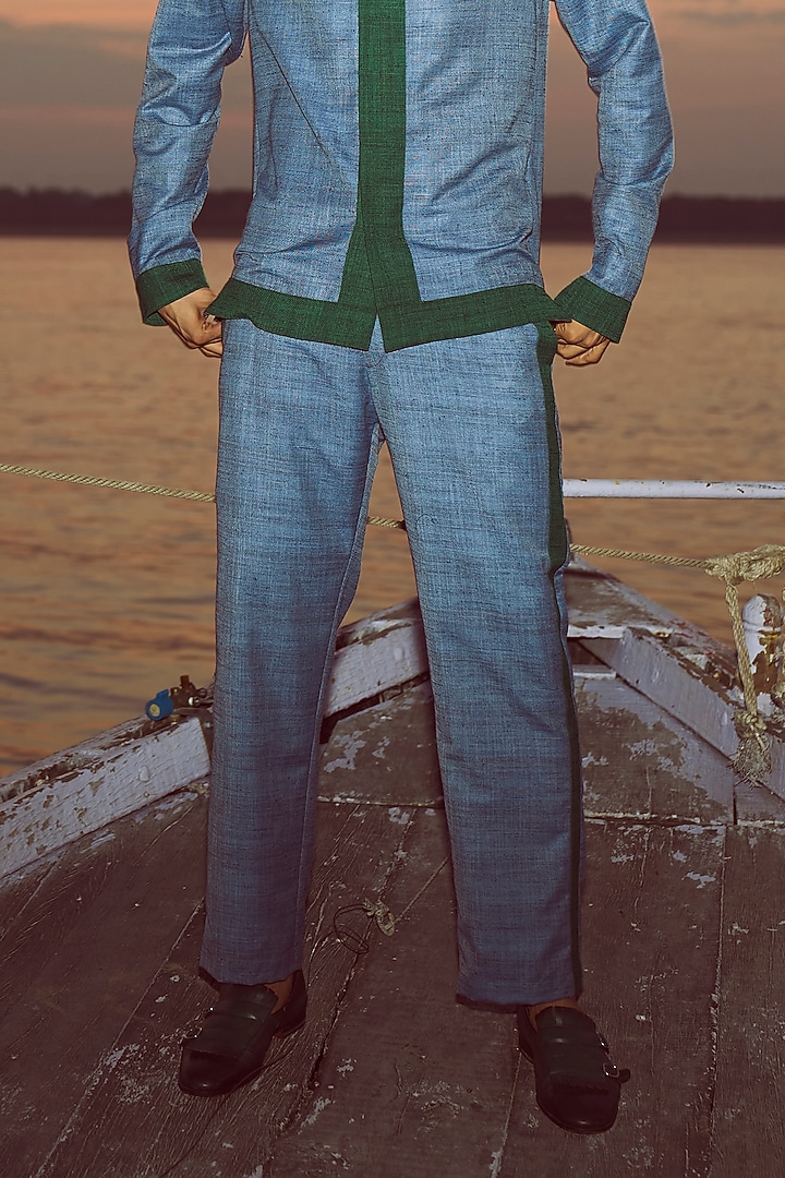 Blue & Green Textured Slub Co-Ord Set by Dash and Dot Men at Pernia's Pop Up Shop