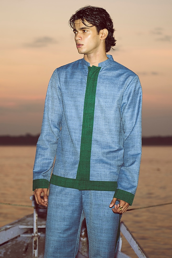 Blue & Green Textured Slub Co-Ord Set by Dash and Dot Men at Pernia's Pop Up Shop