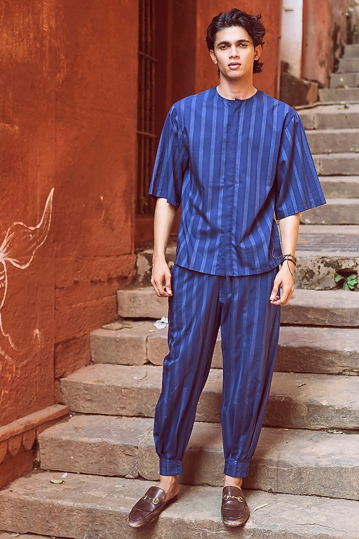 Navy Cotton Striped Pants by Dash and Dot Men at Pernia's Pop Up Shop