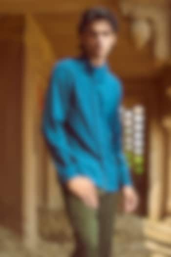 Teal Blue Polyester Cowl Shirt  by Dash and Dot Men