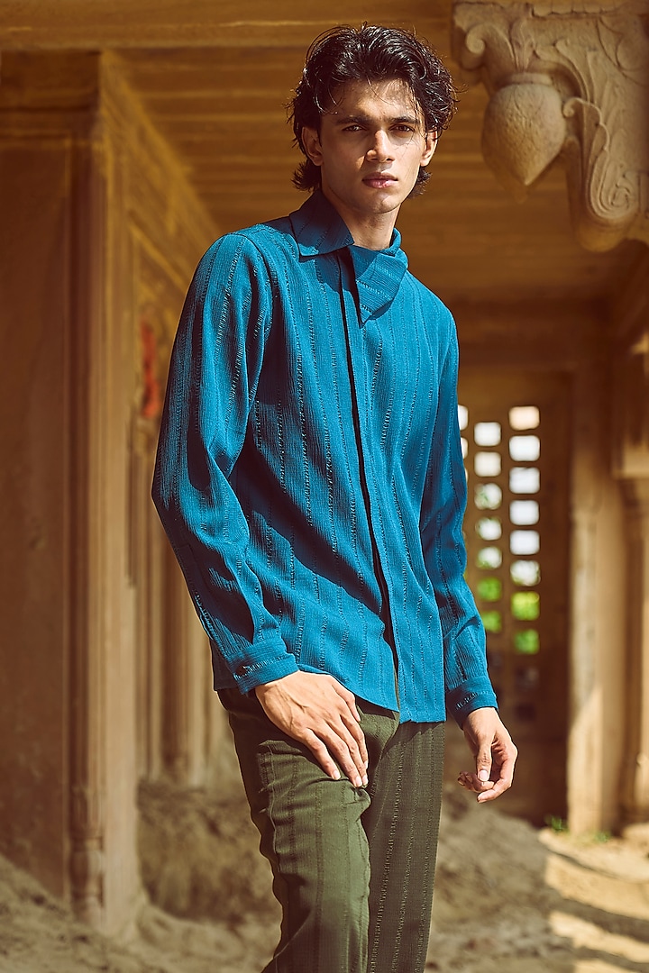 Teal Blue Polyester Cowl Shirt  by Dash and Dot Men