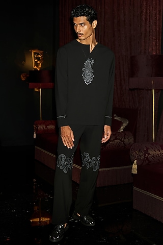 Black Polyester & Viscose Spandex Paisley Embroidered Pant Set by Dash and Dot Men