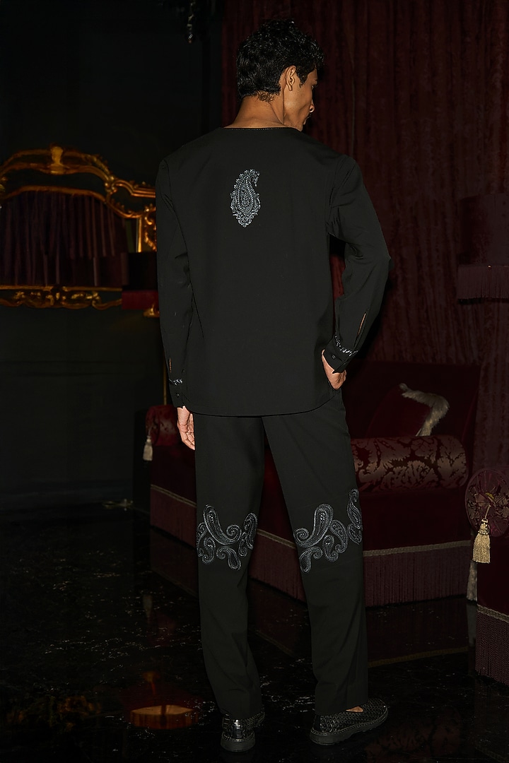 Black Polyester & Viscose Spandex Paisley Embroidered Pant Set by Dash and Dot Men at Pernia's Pop Up Shop