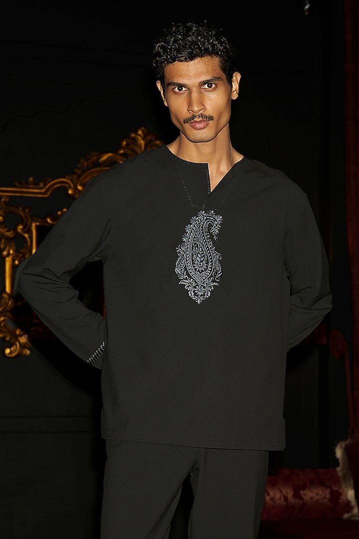 Black Polyester & Viscose Spandex Paisley Embroidered Pant Set by Dash and Dot Men at Pernia's Pop Up Shop