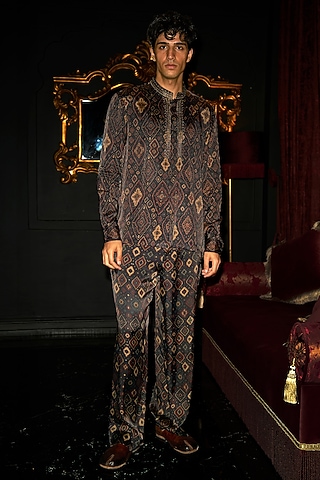 Multi-Colored Organic Viscose Ikat Printed Pant Set by Dash and Dot Men