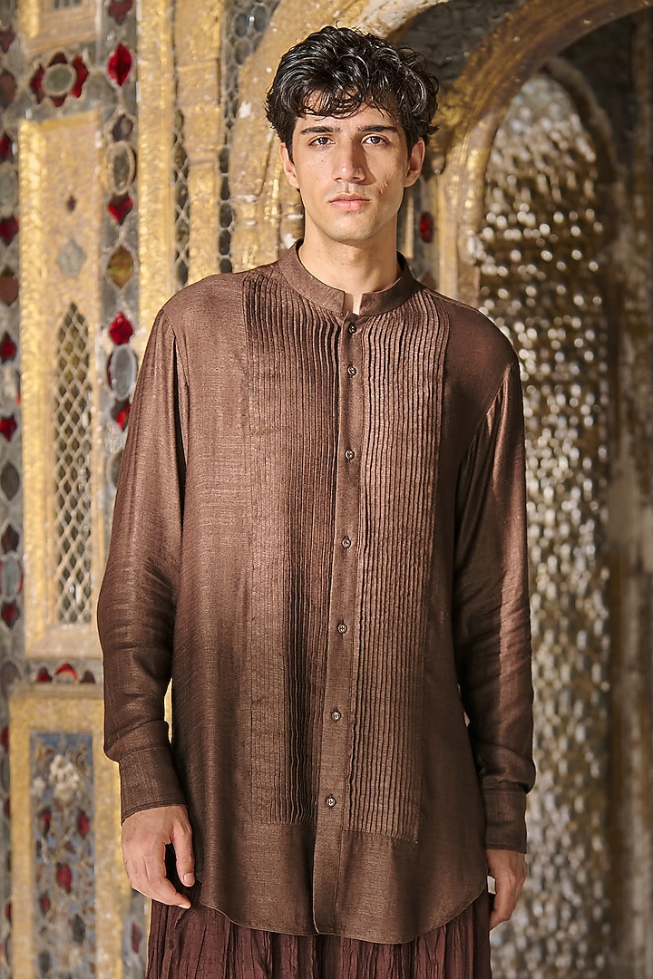 Chocolate Brown Organic Viscose Pintuck Party Wear Shirt by Dash and Dot Men at Pernia's Pop Up Shop