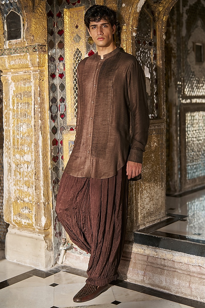 Chocolate Brown Organic Viscose Crinkle Pants by Dash and Dot Men at Pernia's Pop Up Shop